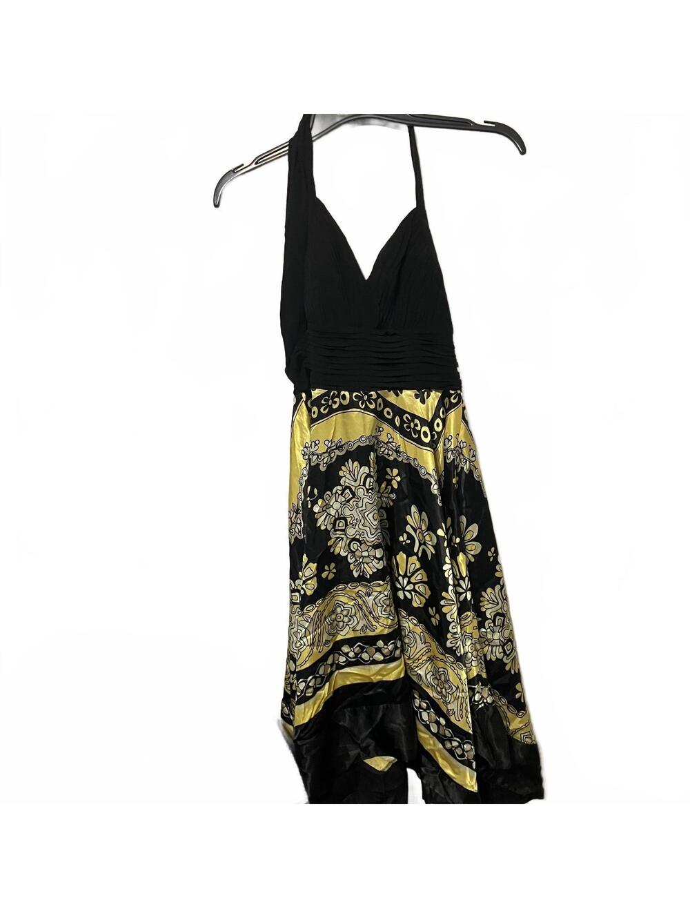 Cato Elegant Whimsical Floral Flowy Artsy Black Yellow Halter Midi Dress 10 NEW